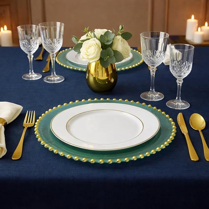 PLASTICPRO Translucent Green with Gold Rim Plastic Charger Plates with Beaded Edge – Pack of 4 – 13" Elegant Round Disposable Chargers for Weddings, Events, Parties, and Dinners