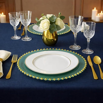PLASTICPRO Translucent Green with Gold Rim Plastic Charger Plates with Beaded Edge – Pack of 4 – 13" Elegant Round Disposable Chargers for Weddings, Events, Parties, and Dinners