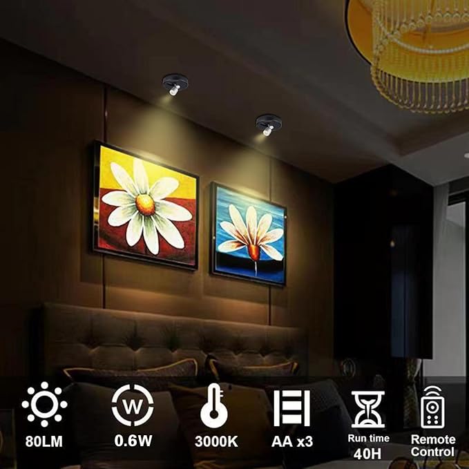 HAMVIDNE LED Spotlight, Battery Powered Picture Lights, Uplighting Indoor, Puck Lights with Remote, Stick Spot Light for Wall Display Dartboard Painting Artwork Accent-Silver（4Pack）