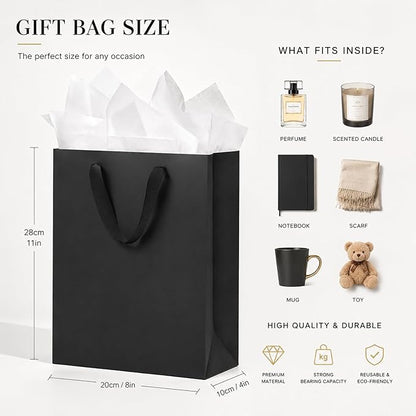 SHIPKEY 6 Pcs Luxury Black Bags with Tissue Paper, Medium Gift Bags for Men, Groomsmen Proposal Bag 8x4x11 Inch Kraft Paper Bag with Handles Bulk | Shopping Wrappings for Men, Groomsman (20x10x28cm)