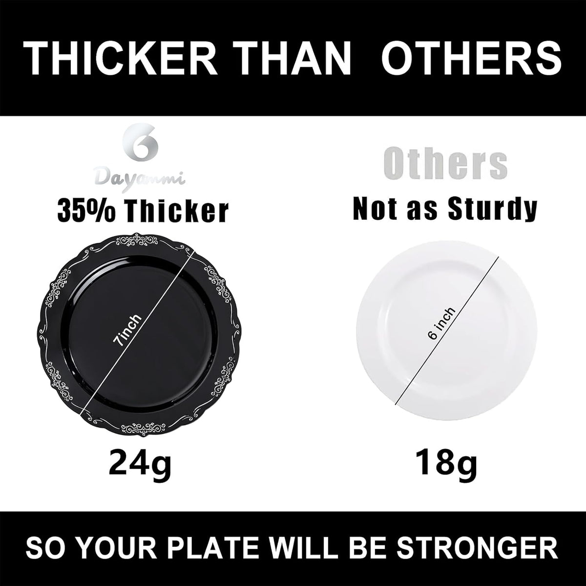 DaYammi 60PCS Black and Silver Plastic Plates, Heavy Duty Black and Silver Disposable Plates Premium 7.5 inch Dessert Cake Salad Appetizer Plates Hard Plastic Plates Disposable for Halloween Party