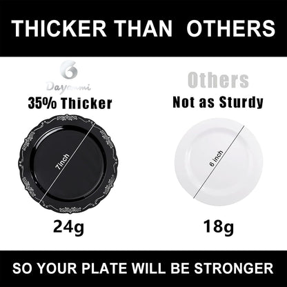DaYammi 60PCS Black and Silver Plastic Plates, Heavy Duty Black and Silver Disposable Plates Premium 7.5 inch Dessert Cake Salad Appetizer Plates Hard Plastic Plates Disposable for Halloween Party