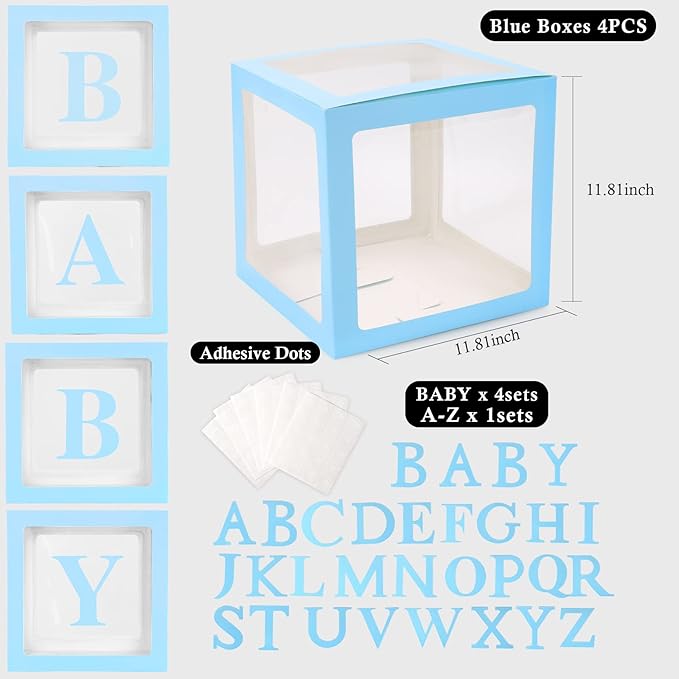 Voircoloria Baby Boxes with 42pcs Letters for Baby Shower Transparent Balloon Boxes Clear Balloon Box Blocks for Boy Girl Gender Reveal Party and Birthday Party (Blue)