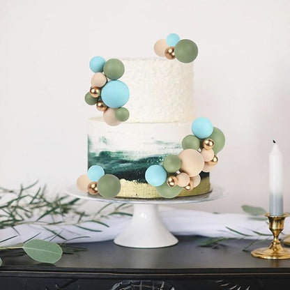 52 Pcs Boho Theme Ball Cake Decorations - Blue Green Khaki Gold Ball Dessert Picks & Cupcake Toppers, Wedding Bridal Shower Birthday Party Baby Shower Gender Reveal Cake Supplies