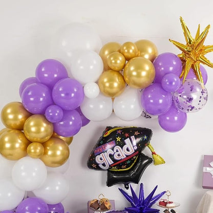 Graduation Balloons Garland Arch Kit, Graduation Balloons Class of 2026, Purple and White Gold Latex Balloon with Foil Balloon for Class of 2026 Party Decor