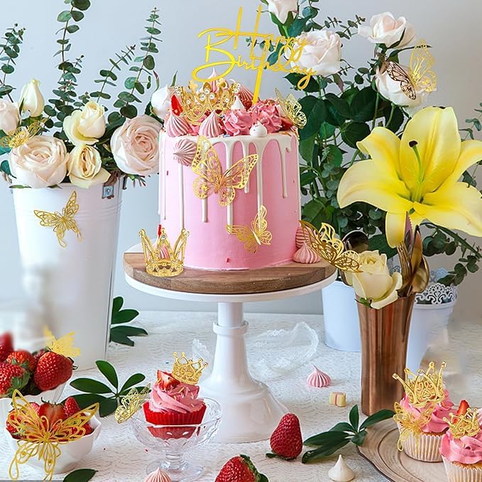 44 PCS Gold Crown Cake Decoration 16 PCS Mini Crown Tiny Crown with 24 PCS Butterfly Wall Decors and 4 PCS Birthday Cake Topper for Women Girl Crown Birthday Party Wedding Cake Decor