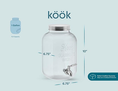 Kook Glass Drink Dispenser, with Leak-Proof Stainless Steel Spigot, Clear Mason Jar, Beverage Storage for Fridge, for Water, Iced Tea, Sangria, Lemonade, 1 Gallon (1, Silver)