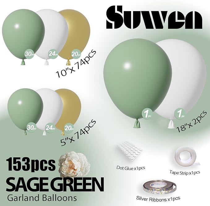 SUWEN Sage Green Balloons Arch Kit Garland 153Pcs Different Sizes of 18 10 5 Inch Latex Sage Olive Green Gold White Balloon Arch Kit Birthday Decorations for Gender Reveal Wedding Party