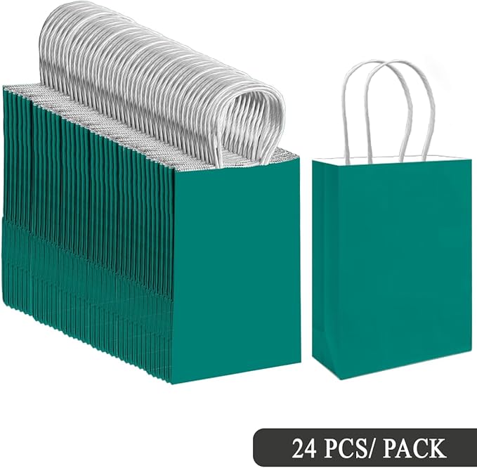 qiqee 24PCS Small Gift Bag with Handles Bulk 8.3"x6"x3" Gift Bags Deep Green Bags Multiple Uses (Small Size)