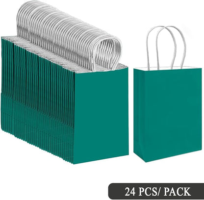 qiqee 24PCS Small Gift Bag with Handles Bulk 8.3"x6"x3" Gift Bags Deep Green Bags Multiple Uses (Small Size)