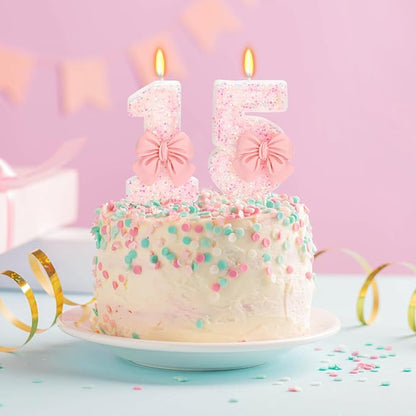 Number 15 Pink Bow Birthday Candle, 3" Tall, Smokeless & Non-Toxic, 2 Pack