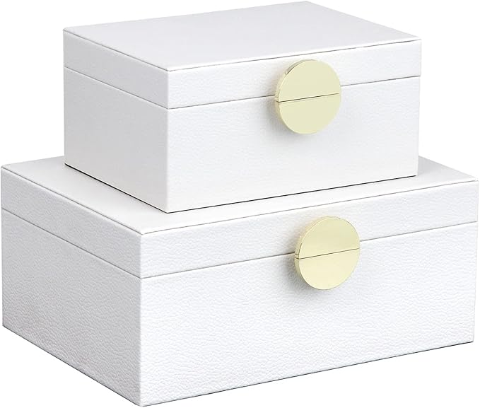 HofferRuffer Faux Leather Jewelry Boxes, Decorative Boxes Storage Accessory Organizer with Gold Hardware Decor, Classic Vegan Leather Set of 2 Pieces (White)