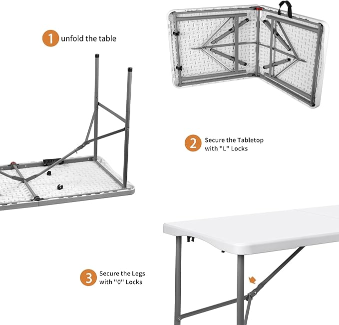 4Ft Plastic Folding Table,Fold-in-Half Portable Picnic Table Outdoor for Camping,Party,Wedding,Kitchen,Beach,with Lock,Handle,White-Straight Leg