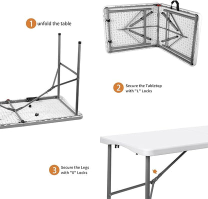 4Ft Plastic Folding Table,Fold-in-Half Portable Picnic Table Outdoor for Camping,Party,Wedding,Kitchen,Beach,with Lock,Handle,White-Straight Leg