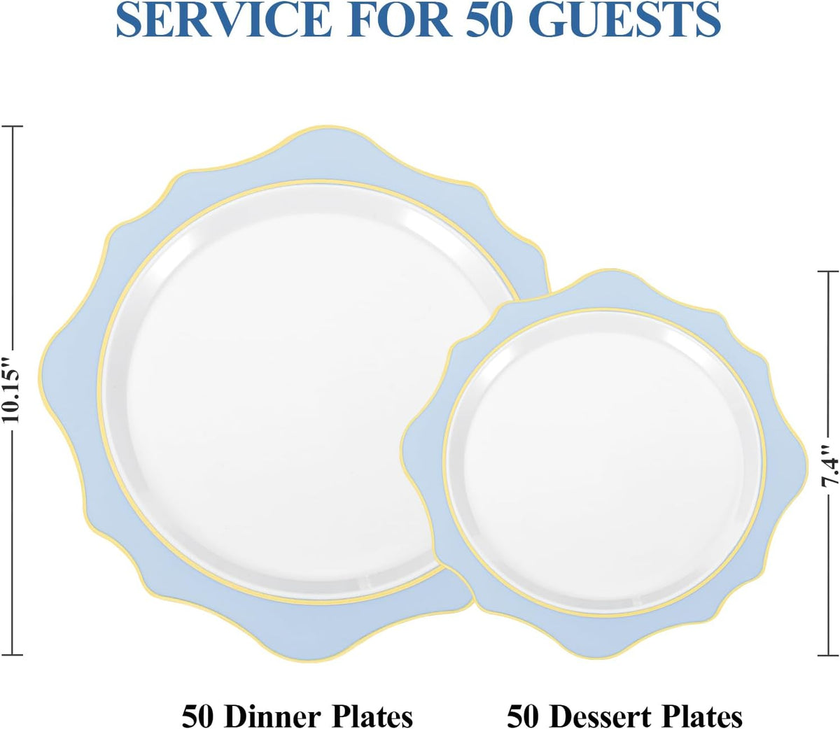 100 PCS White and Blue Disposable Plates for 50 Guests, Scalloped Plastic Plates Include 50 Dinner Plates and 50 Dessert Plates for Party, Wedding and Graduation