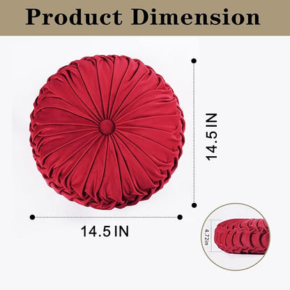 HIG Set of 2 Red Ruched Velvet Round Throw Pillows – 14.5’’ Decorative Pillows with Soft Polyester Filling for Couch, Bed, Living Room, Bedroom, or Dorm – Handmade, Stress Relieving, All-Season