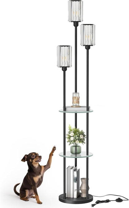 Black Floor Lamp with Shelves, Modern Floor Lamp with 3 Crystal Shades and Foot Switch, 3-Light Standing Lamp, for Living Room, Bedroom, Study, Office, Black B53LD05