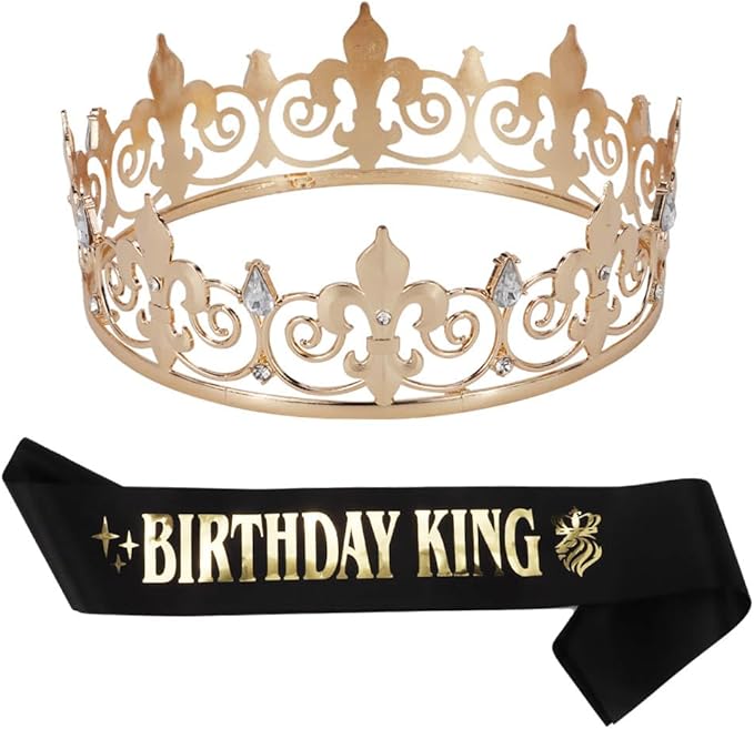 Lunaryvo King Crown and Birthday Sash for Men, Gold Rhinestone Tiara For Birthday Gift Decor Party Cosplay Prom Supplies