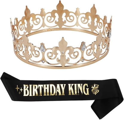 Lunaryvo King Crown and Birthday Sash for Men, Gold Rhinestone Tiara For Birthday Gift Decor Party Cosplay Prom Supplies