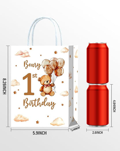 Roselush 16 Pcs Beary 1st Birthday Goodie Bag,Teddy Bear 1st Birthday Gift Snacks Treat Candy Party Favors Bags for Kids First Bday Party Decorations Supplies