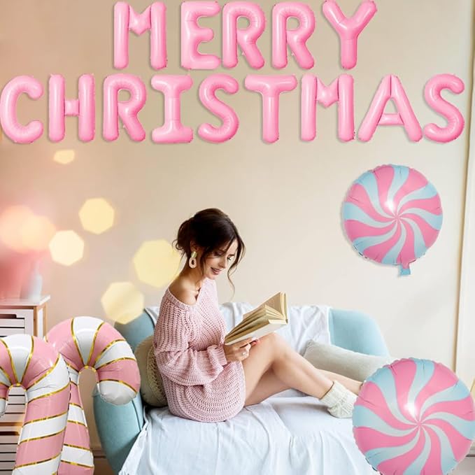 Christmas Balloons Pink Candy Cane Balloon Lollipop Pink Merry Christmas Balloon Candy Balloons for Xmax Party Decorations Xmas New Year Themed Party Supplies Sets-19 Pcs