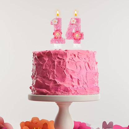 Pink Flower Birthday Candle,Number Birthday Candles for Cake, Ideal Birthday Parties Cake Decor, Wedding Anniversary and Other Celebrations (Number 14, Pink)