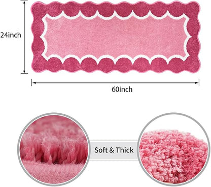 Cute Scalloped Rose Pink Bathroom Rugs Mat,Non Slip Absorbent Quick Dry Runner Rug for Shower Room Bedroom,Microfiber Long Bath Mat for Bath Floor Washable Carpet for Shower Tub Sink,24"x59"