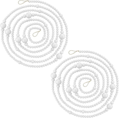 2PCS Christmas Wood Beads Garland 24 Feet Wooden Bead Garland Boho Ornaments for Christmas Tree, Xmas Vintage Rustic Farmhouse Round Craft Bead Hanging Holiday Decorations(White)