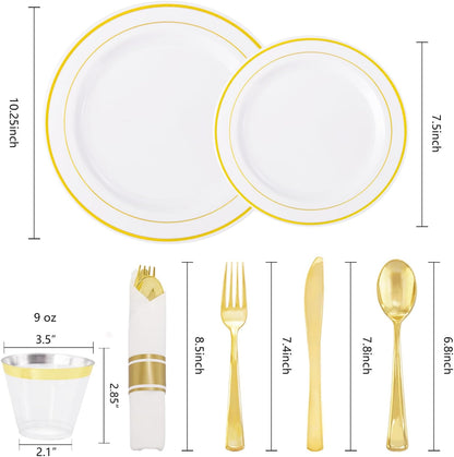 WELLIFE 210 Piece Gold Plastic Dinnerware Set, Include: 30 Dinner Plates, 30 Dessert Plates, 30 Pre Rolled Napkins with Silverware and 30 Cups