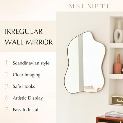 Irregular Wall Mirror Gold Wave Shaped Metal Framed Wall Mirror for Bathroom Bedroom Entryway Living Room Wall Decor 28" L x 20" W 2304Gold