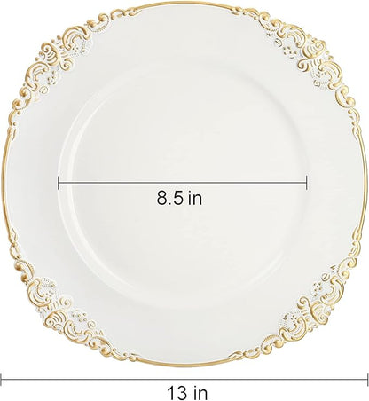 Okllen 12 Pack Plastic Round Charger Plates, 13" Dinner Charger Dessert Plates with Gold Rim, Vintage Charger Serving Plates for Catering, Wedding, Tabletop Decor, White, Floral Trim