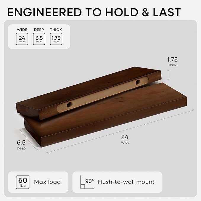 Homeforia 24inch Walnut Floating Shelves for Wall, High End Solid Real Wood 24in Floating Shelf for Bathroom, Dark Brown 24 inch Long Floating Shelves, Heavy Duty Bracket, 24 X 6.5 X 1.75 in, Set of 2