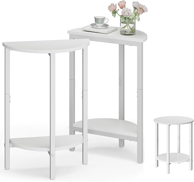Vagusicc Side Table, Small Round End Table, Set of 2 Half Round Side Table Half Moon Tables, Circle Table Small Round Coffee Table for Living Room, Thin Accent Sofa Table Narrow Entryway Tables, White