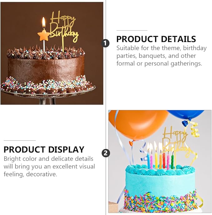 Amosfun 60Pcs Happy Birthday Acrylic Cake Toppers Gold Picks for Cupcake and Cake Decoration Party Supplies