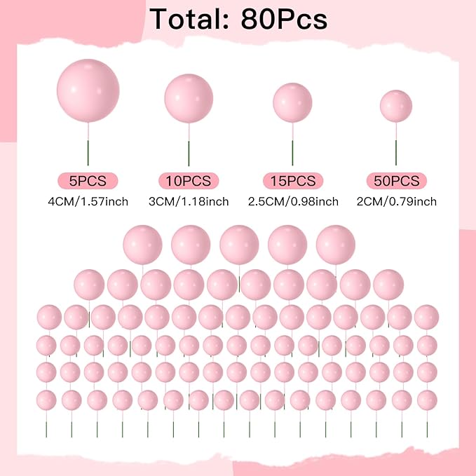 NACHLYNN 80 Pcs Cake Balls Decorations Mini Balloon Cake Topper Balls Foam Cupcake Toppers Balls for Cake Decorating Birthday Parties Weddings Anniversary (Light Pink)