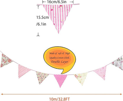 Zwiebeco 32Ft Pink Floral Fabric Bunting Triangle Flags Cotton Flower Pennant Banner Decoration for Birthday Wedding Engagement Baby Shower Tea Party Spring Rustic Village Home Garden Décor