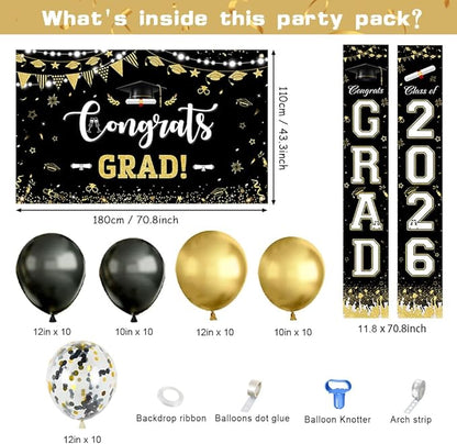 AIBIIN 60pcs Graduation Decorations Class of 2026 Black Gold Graduation Balloon Arch Kit with Congrats Grad Backdrop Class of 2026 Porch Sign Banner Congrats Grad Prom Party Decorations Supplies