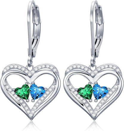 Valentines Day Gifts for Women, Heart Leverback Earrings Double Birthstone Dangle Earrings for Women, Love Jewelry for Her, Anniversary Birthday Gift for Mom Wife Girlfriend