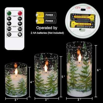 Wondise Christmas Tree Glass Flameless Candles, Battery Operated Flickering Candles with Remote and Timer, Real Wax LED Pillar Christmas Candles for Christmas Holiday Decor D3 x 4",5",6"