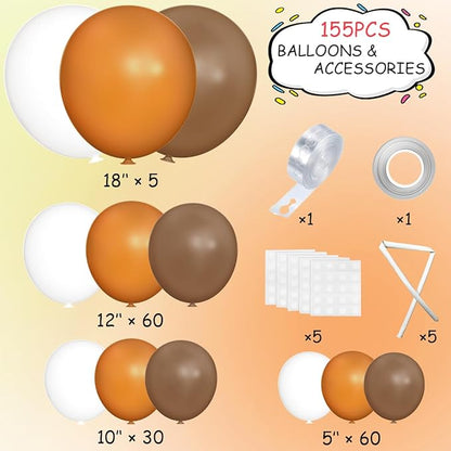 MEBAY Fall Thanksgiving Balloon Arch Kit, 155 Pcs Boho Brown Orange White Balloons Garland for Baby Shower Autumn Birthday Party Decorations