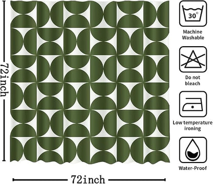MEHOFOND Vintage Green Shower Curtain Modern Mid Century Abstract Geometric Bathroom Curtain Boho Retro Classic 1950S 60S Bathtub Decor Fabric Waterproof Bath Curtain with 12 Hook 72x72 Inch