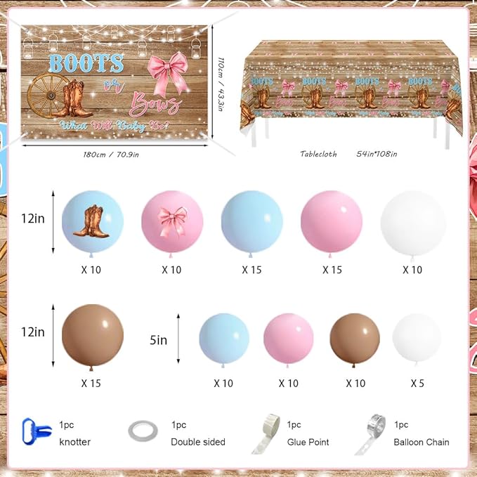 MEHOFOND Boots or Bows Gender Reveal Decorations Kit, 116Pcs Pink and Blue Balloon Arch Set with Rustic Western Backdrop and Tablecloth, What Will Baby Be Cowgirl Cowboy Gender Reveal Party Supplies