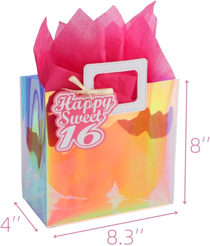 8.3'' Small Sweet 16 Birthday Gift Bag with Tissue Paper and Gift Tag for Girls 16th Birthday
