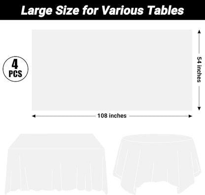 4 Packs White Plastic Tablecloth, Sturdy Disposable Table Cloth, 54 X 108 Inches Paper Table Cloths for Parties Disposable, Effortless Cleanup for Picnic Table Cloths Parties Birthday and Any Occasion