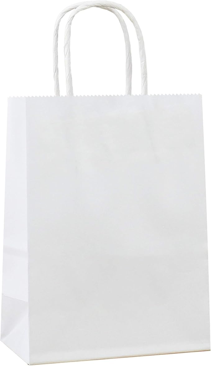 25 PCS Small Gift Bags White Kraft Paper Bag with Handles for Wedding Baby Shower Kid's Birthday Party Favors(8.2 x 6 x 3.1 In)