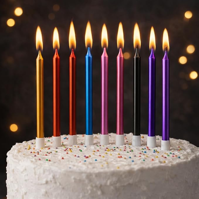 by Tugba Aydan - Rainbow Birthday Candles, 24 Pack, Long Thin Metallic Cake Candles with Holders, Colorful Candles for Cakes, Cupcakes & Parties