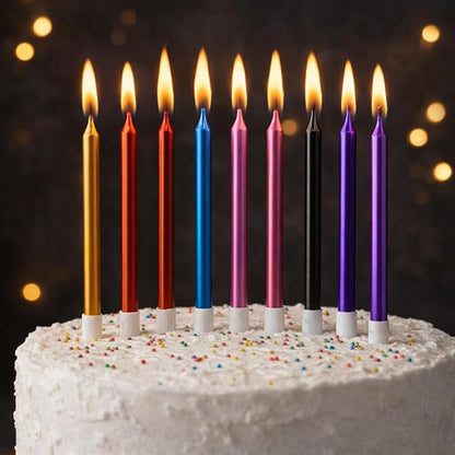 by Tugba Aydan - Rainbow Birthday Candles, 24 Pack, Long Thin Metallic Cake Candles with Holders, Colorful Candles for Cakes, Cupcakes & Parties