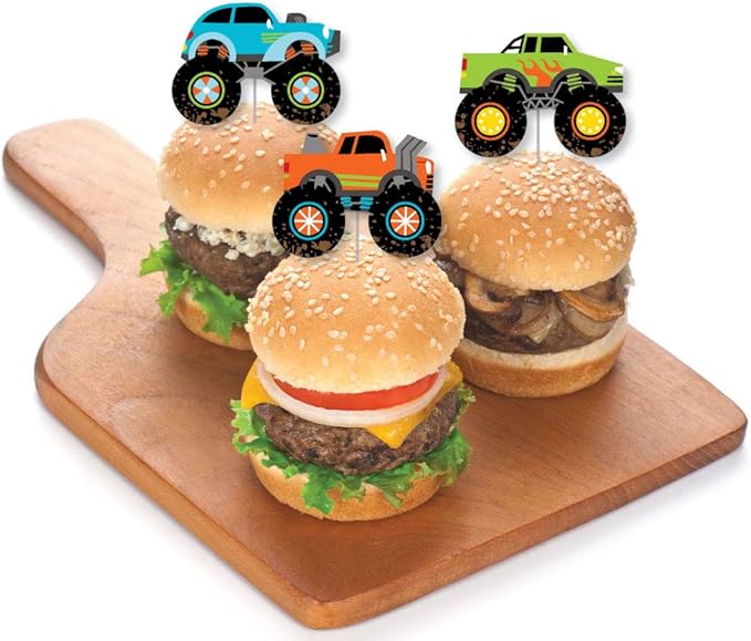 Big Dot of Happiness Smash and Crash - Monster Truck - Dessert Cupcake Toppers - Boy Birthday Party Clear Treat Picks - Set of 24