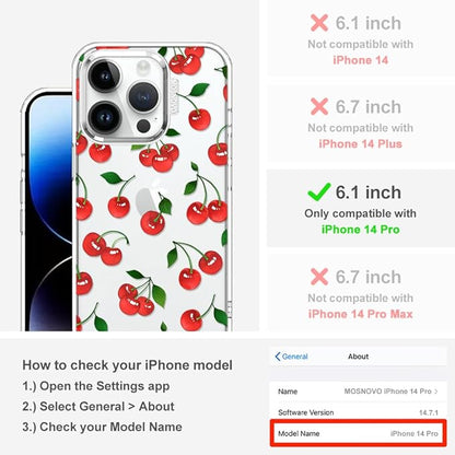 MOSNOVO Case for iPhone 14 Pro, [Buffertech 6.6ft Military-Grade Drop Protection] [Anti Peel Off Tech] Clear TPU Bumper Phone Case Cover Design - Cute Cherry