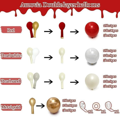 Red White Gold Balloon Garland Double Stuffed Burgundy Red White Sand Pearl Balloon Arch Kit Maroon Wine Balloons for Birthday Bridal Shower Wedding Anniversary Graduation Party Decorations